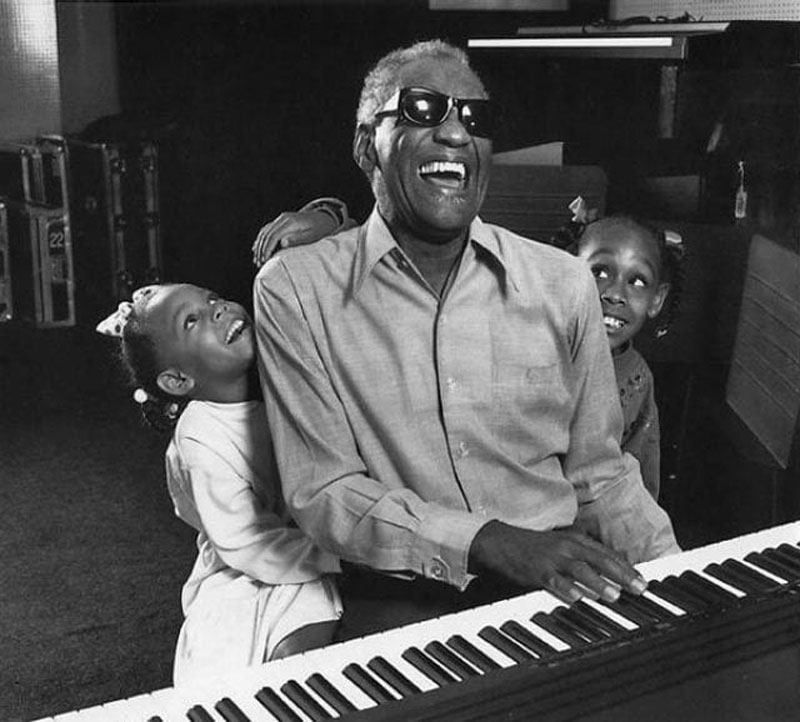 Ray Charles with Granddaughters in Home Studio, Los Angeles, CA 1990